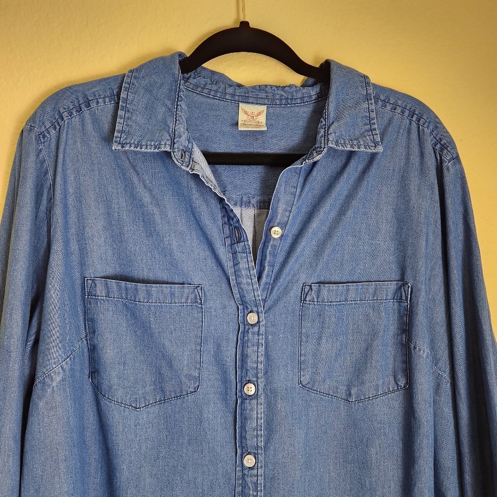 Cotton blue jean denim button down shirt rolled sleeves Size 1X (16W) - Picture 4 of 5